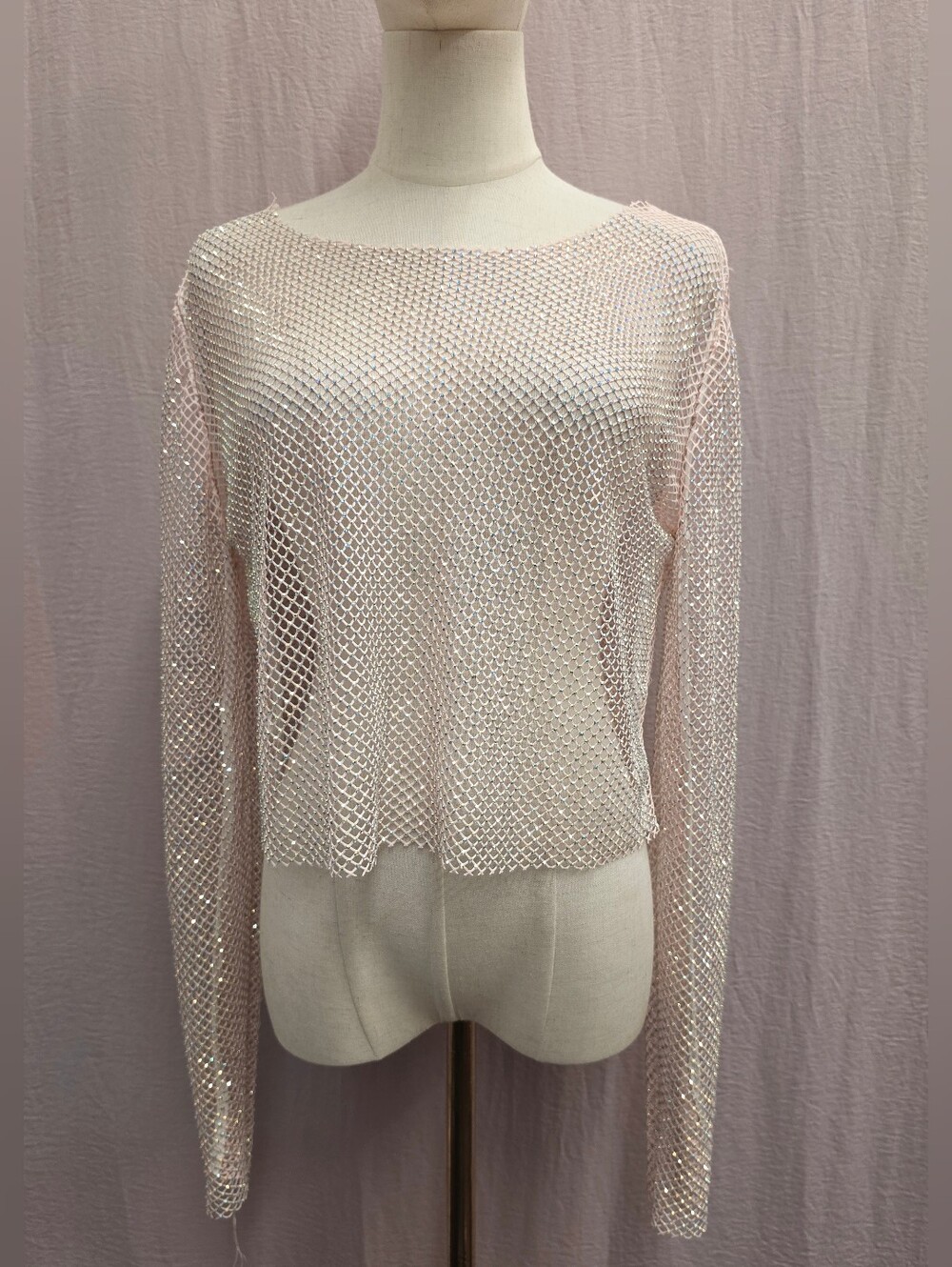 Women's Irridecent Rhinestone Fishnet Mesh Long Sleeve Crop Top- PINK, Medium